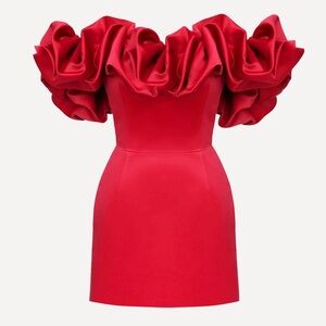 PostMeriden Elegant Red Ruffle Off-Shoulder Dress Small